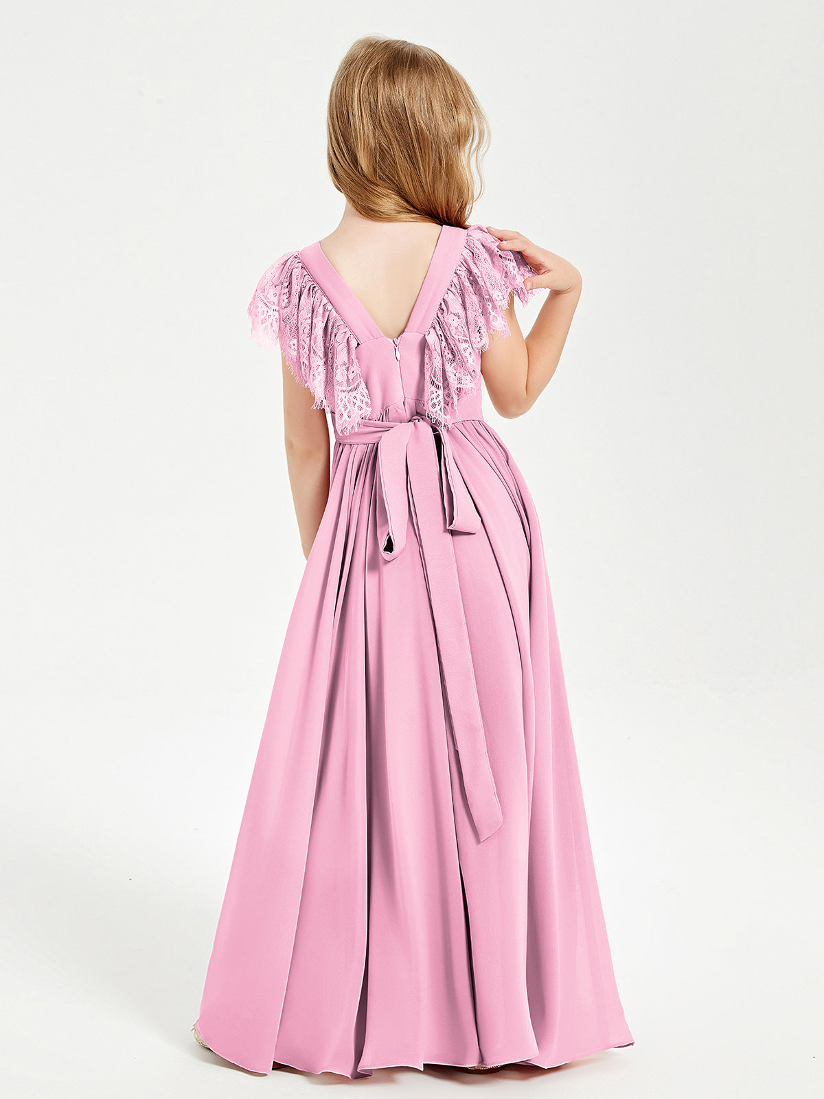Chiffon Junior Bridesmaid Dresses with Lace Flutter Sleeves Candy Pink